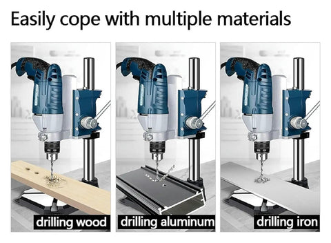 Pro Grade Sturdy Floor Drill Press Stand Featuring Adjustable Vertical Sleeve and Beefy Steel Vice for drilling wood, aluminum, and iron.