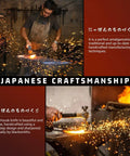 Japanese craftsman forging a knife with sparks flying, showcasing traditional and modern techniques.