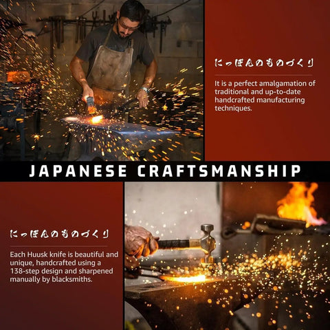 Japanese craftsman forging a knife with sparks flying, showcasing traditional and modern techniques.