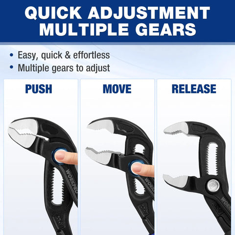 7 Inch Water Pump Pliers With Quick Release Groove Joint, V Jaw Tongue And Groove Pliers, showing push, move, release actions