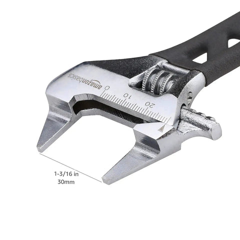 Close-up of Slim Jaw 5.5 Inch Adjustable Wrench With 1 3 16 Inch Capacity, showcasing narrow profile and scaled measurement markings.
