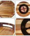 Close-up of 12 Inch Acacia Wood Lazy Susan Turntable With Double Handle, featuring 360 degree spin base and handle.