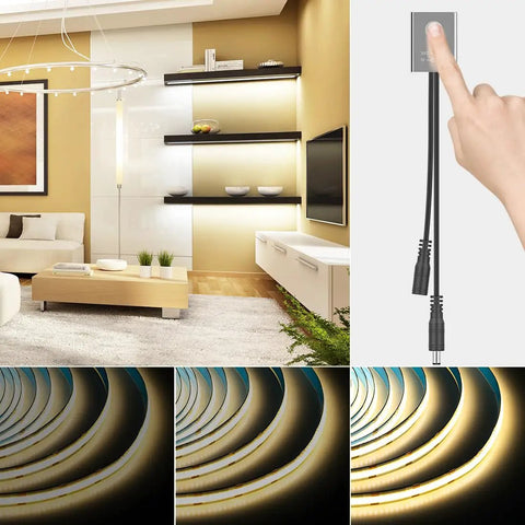 Mini Touch Dimmer Switch For Cabinet Lighting With Smooth Brightness Control, silver finish, shown in modern living room setting.
