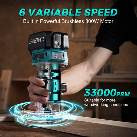Person using Cordless Twenty One Volt Brushless Palm Wood Router With Four Amp Hour Battery And Fifteen Piece One Quarter Inch Router Bit Set