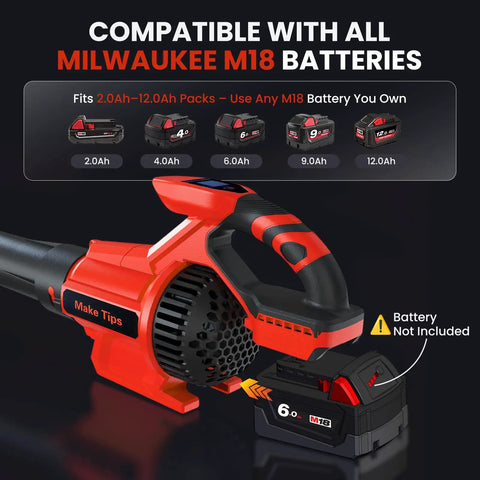 Cordless Leaf Blower With M18 Battery System and battery compatibility display and insert slot highlighting tool-only design