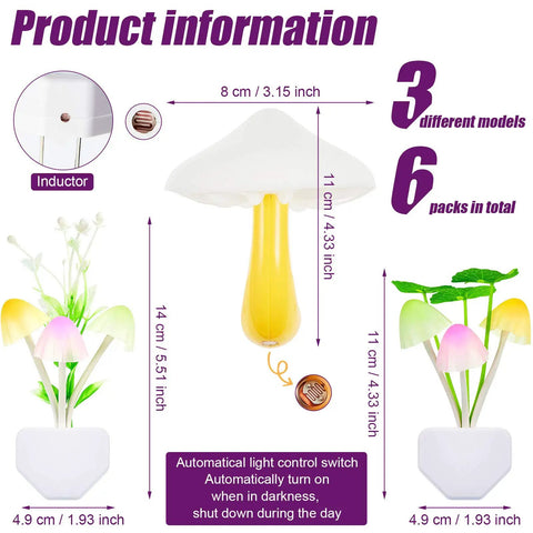 Image showing Six Pack Mushroom Night Light LED Plug In Lamp With Dope Seven Color Changing Glow for Adults Bathroom Home Wall Decor, with dimensions and design details.