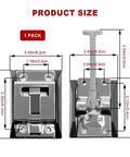 304 Stainless Steel RV Door Latch And Camper Door Holder for Travel Trailers Cargo Campers Black Finish Durable And Easy To Install, product size dimensions shown, front and back view.