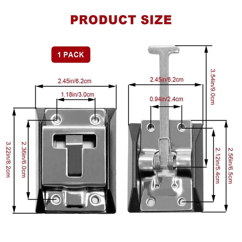 304 Stainless Steel RV Door Latch And Camper Door Holder for Travel Trailers Cargo Campers Black Finish Durable And Easy To Install, product size dimensions shown, front and back view.