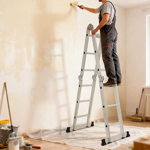 12.5 Foot Multi Purpose Folding Ladder For Home Roof RV And Painting, All In One 7 In 1 Aluminum Collapsible Extension Ladder With Large Joints, Adjustable Step Ladder, Lightweight And Rust Resistant, used for indoor painting