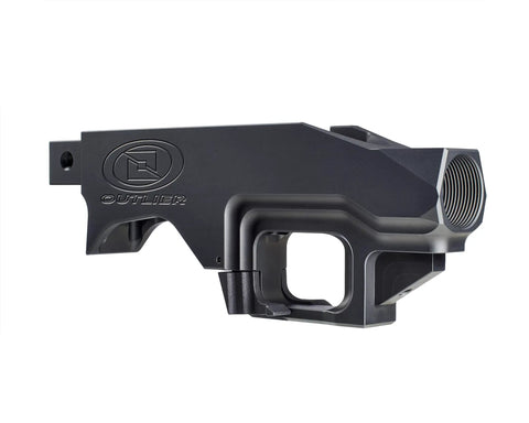 Side view of Modular Rifle Chassis For Remington 700 Short Action 3.0 Inch AICS Compatible with grip slot and Outlier logo