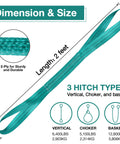 Teal 2 ft long, 2 in wide 2-ply polyester lift sling with flat eye ends; shows vertical, choker, and basket hitch options.
