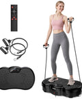 Woman using full body vibration plate with remote, resistance bands, 300 lbs capacity, 120 speeds, 9 workout modes for home gym.