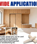 Fluted Wood Dowels Kit Pack Of 110 with close-ups of dowel applications in furniture woodworking and DIY projects.