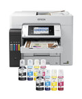 Heavy Duty Wireless Color All In One Supertank Printer With Scanner Copier Fax And Ethernet, showing front view with ink bottles.