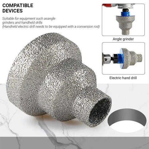 Three Step Diamond Hole Saw Set for 20mm 35mm and 55mm Holes Tapered Diamond Drill Bits for Stone Marble and Rock shown with drill