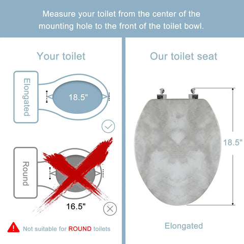 Diagram showing compatibility of Elongated Marble Toilet Seat With Zinc Alloy Hinges Easy Install And Clean with elongated toilets only.