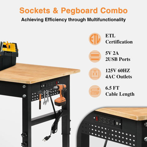 70 Inch Adjustable Rolling Workbench On Wheels With Heavy Duty 2000 Lbs Capacity Rubber Wood Top Power Outlets And Pegboard Storage