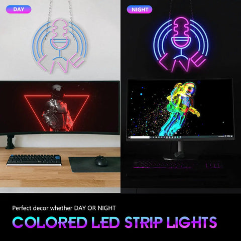Dimmable Neon Sign Live On Air USB LED Lights for Bedroom with Microphone Design, day and night view above gaming setup