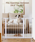 Adjustable 29.5 To 46 Inch Wide Baby Gate for stairs and doorways, white, dog behind gate in living room