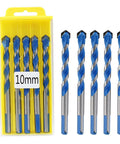 Piutouyar 5pc 10mm masonry drill bit set with blue-coated bits in a yellow plastic case (front view)