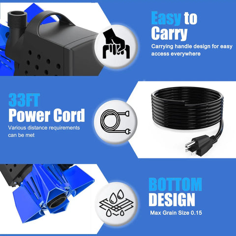 Tough As Iron Submersible Pond Pump Delivers 5000 Gallons Per Hour Whisper Quiet Flow With Twenty Foot Maximum Lift For Smooth Outdoor Fountain Water Circulation showcasing 33ft power cord and carry handle.