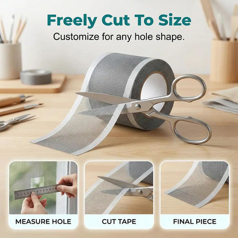 Heavy Duty Window and Door Screen Repair Patch Kit with Self Adhesive Fiberglass Mesh being cut with scissors