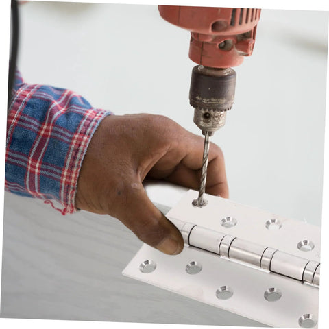 Close-up of VILLFUL 2-pack stainless steel door hinges with ball bearings; installer drills mounting holes