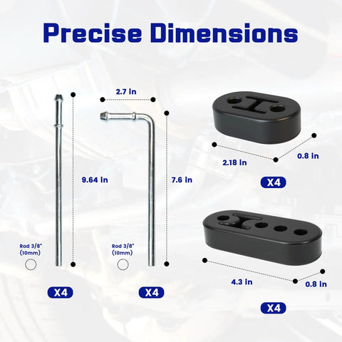 Dimensions of Beefed Up Heavy Duty Rubber Exhaust Hanger Kit 16 Pieces with rods and hangers for adjustable exhaust height.