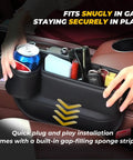 Anti Drop Car Seat Gap Filler Organizer in premium leather installed between car seats, showing phone and cup storage.