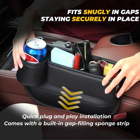 Anti Drop Car Seat Gap Filler Organizer in premium leather installed between car seats, showing phone and cup storage.