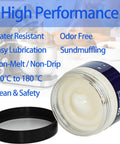 Open jar of food grade grease next to stand mixer with text highlighting benefits, Food Grade Grease For Stand Mixer 4 Oz NSF Certified For Kitchen Pro Use Keeps Gears, Beaters, And Moving Parts Smooth With Easy Lubrication To Maintain Peak Mixer Performance.