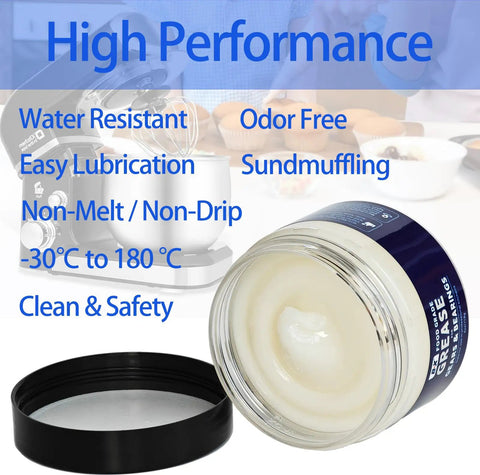 Open jar of food grade grease next to stand mixer with text highlighting benefits, Food Grade Grease For Stand Mixer 4 Oz NSF Certified For Kitchen Pro Use Keeps Gears, Beaters, And Moving Parts Smooth With Easy Lubrication To Maintain Peak Mixer Performance.