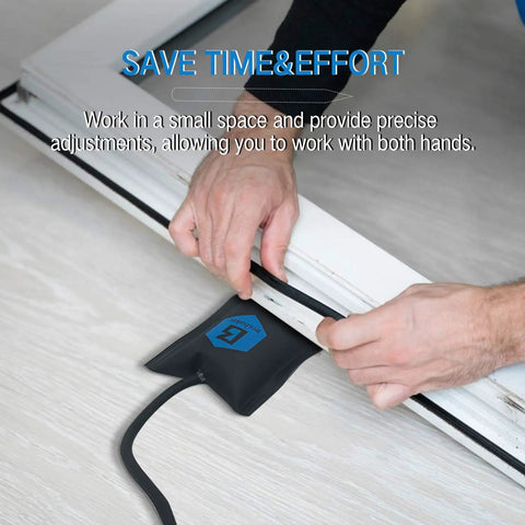 Person using Air Wedge Bag Kit With Pump 3 Pack Pro Grade Leveling And Alignment Tools to adjust a door frame.