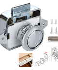 Push Button Latch Kit With 10 Drawer Locks For RVs Boats And Wardrobe Doors Easy Push Release Switches Marine Grade Hardware close-up view.