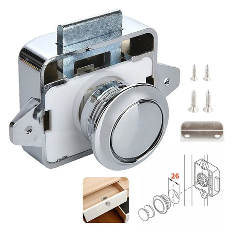 Push Button Latch Kit With 10 Drawer Locks For RVs Boats And Wardrobe Doors Easy Push Release Switches Marine Grade Hardware close-up view.