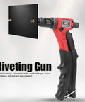 Heavy Duty Hand Rivet Nut Gun Set With Ergonomic Grip For M3, M4, M5, And M6 Inserts Includes Quick Release Screw For Easy Nut Separation And Durable Black And Red Finish Makes Fast Work Of Repair Projects. hand rivet nut tool with M3-M6 insert attached to black panel