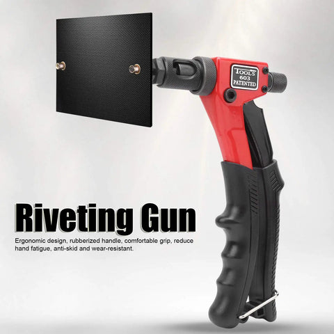 Heavy Duty Hand Rivet Nut Gun Set With Ergonomic Grip For M3, M4, M5, And M6 Inserts Includes Quick Release Screw For Easy Nut Separation And Durable Black And Red Finish Makes Fast Work Of Repair Projects. hand rivet nut tool with M3-M6 insert attached to black panel