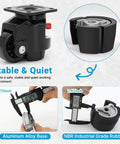 Heavy Duty Leveling Casters With Ratchet Arm 6600 Lbs showing swivel mechanism, aluminum alloy base, and rubber wheel measurements.