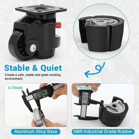 Heavy Duty Leveling Casters With Ratchet Arm 6600 Lbs showing swivel mechanism, aluminum alloy base, and rubber wheel measurements.