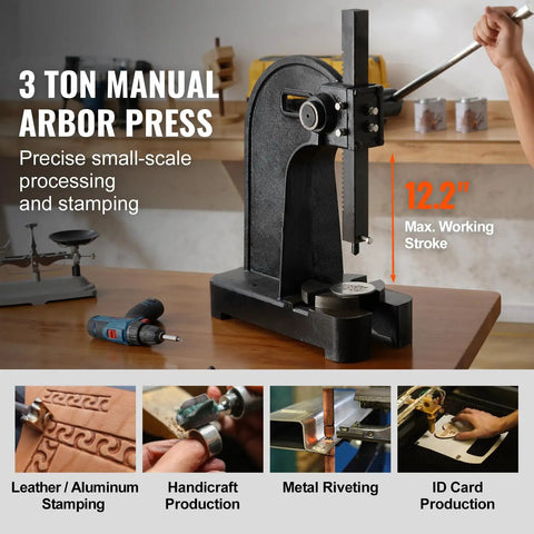 Rugged 3 Ton Manual Arbor Press with 12.2" stroke for precise metal and leather stamping on desktop.