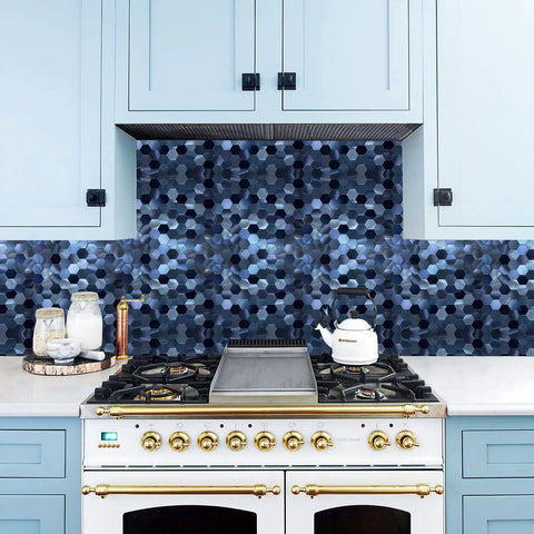Metal Peel And Stick Backsplash Tiles 10 Sheets Aluminum Hexagon Mosaic Sticker For Kitchen Walls Frosted 3D Texture Dark Blue