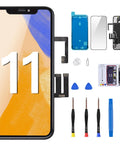 iPhone 11 Screen Replacement Kit With Front Speaker Proximity Sensor 6.1 Inch LCD Display Digitizer Full Assembly Glass And Waterproof Adhesive Repair Tools For Models A2111 A2221 A2223 DIY Friendly Easy Install Pro Grade showing components and tools.