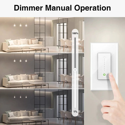 Smart Dimmer Switch for Alexa and Google Assistant, WiFi Connected, showing dimmable lighting levels and manual operation
