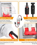 DC 500V Solar Panel Disconnect Switch 32A IP65 with transparent cover, solar terminals, waterproof cable gland, and wide control lever