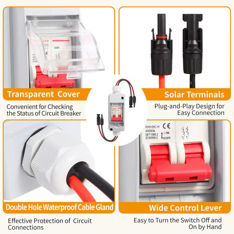 DC 500V Solar Panel Disconnect Switch 32A IP65 with transparent cover, solar terminals, waterproof cable gland, and wide control lever