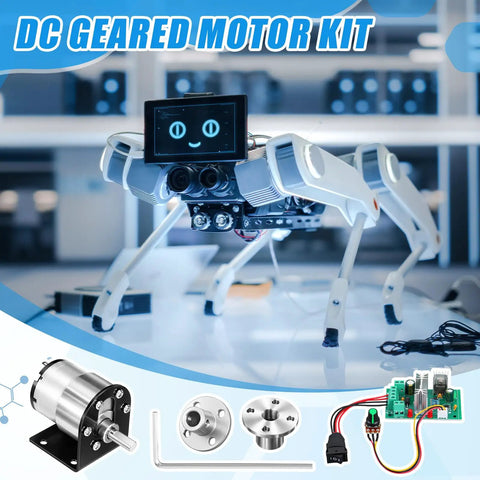 Robotic dog with components of 12V DC Geared Motor Kit With 300 RPM Output, JGB37-520 Gear Motor, CCM6N PWM Speed Controller, flanges, and screws