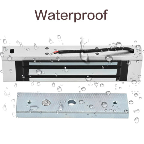 Beefy Heavy Duty Waterproof 12V DC Magnetic Door Lock With 600LBS Holding Force Surface Mount shown with raindrops