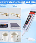 Clear Rhinestone Glue for Jewelry Making and Nail Art 4 Pack 15mL with Precision Tip showing before and after application on various items.