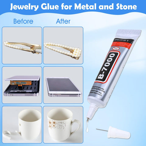 Clear Rhinestone Glue for Jewelry Making and Nail Art 4 Pack 15mL with Precision Tip showing before and after application on various items.