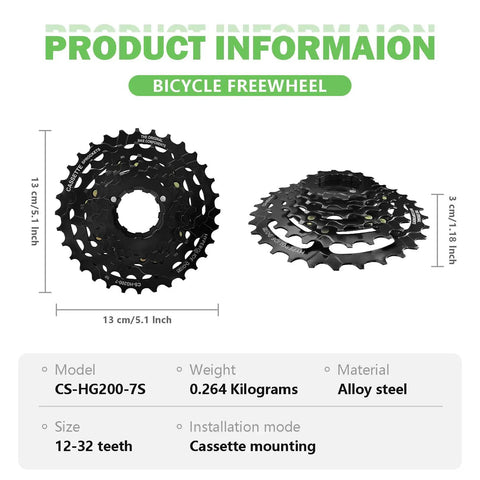 7 Speed CS-HG200 Bicycle Cassette 12-32T Sprocket shown with dimensions and specifications, alloy steel material for mountain and folding bikes.
